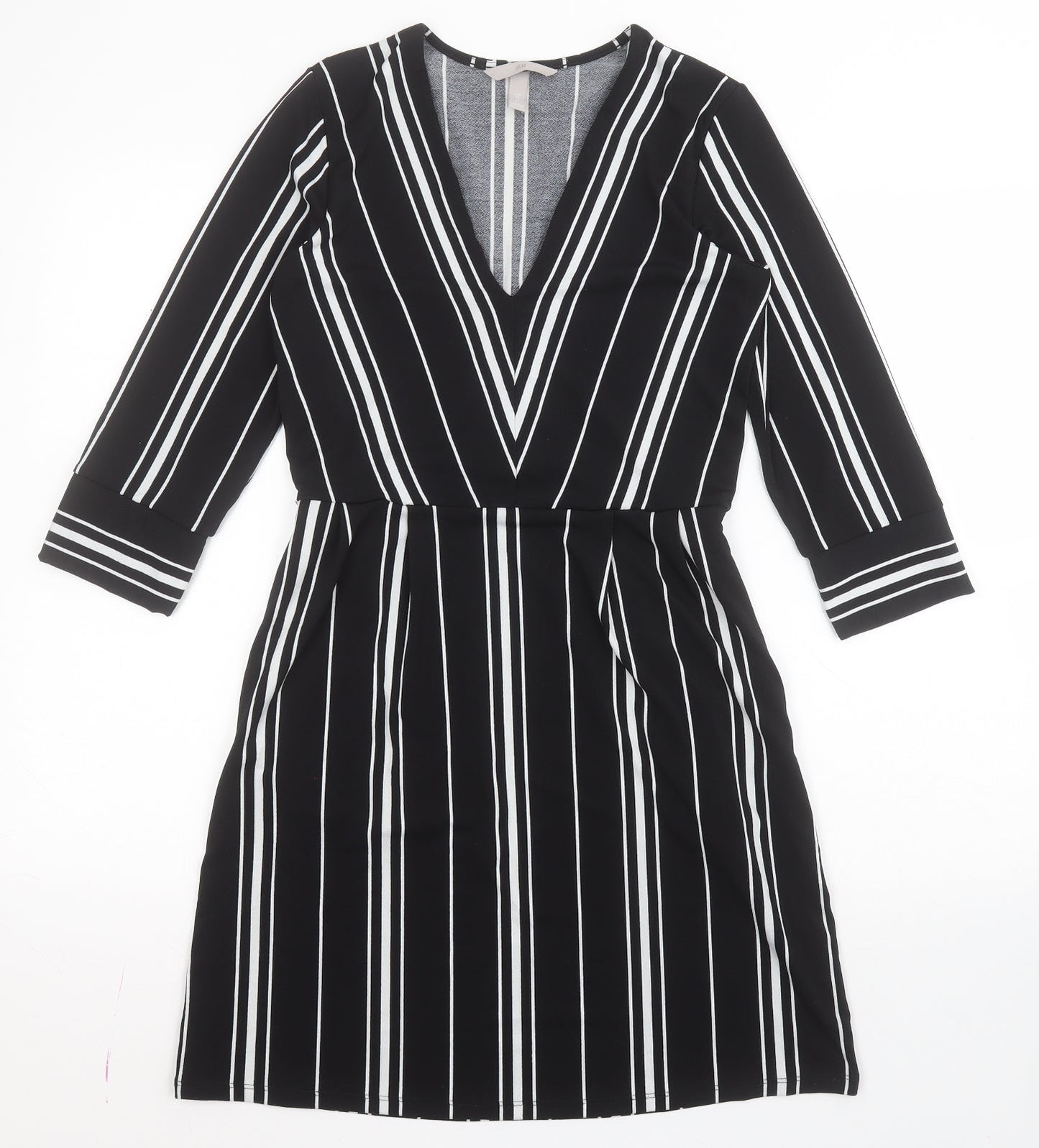 H&M Womens Black Striped Polyester A-Line  Size XS  V-Neck