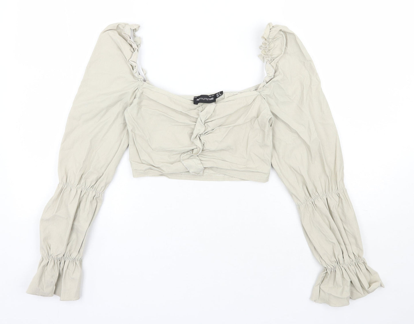 PRETTYLITTLETHING Womens Beige  Polyester Cropped Blouse Size 10 Square Neck