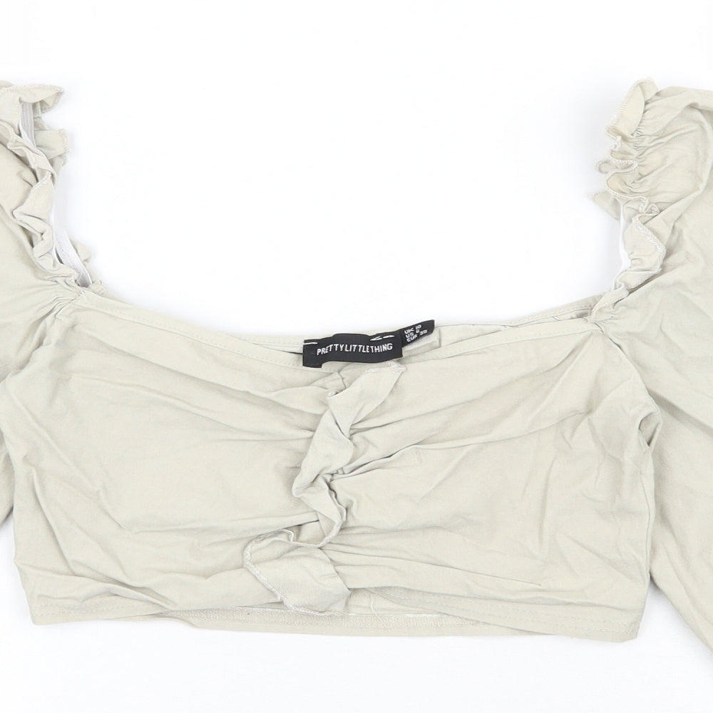 PRETTYLITTLETHING Womens Beige  Polyester Cropped Blouse Size 10 Square Neck
