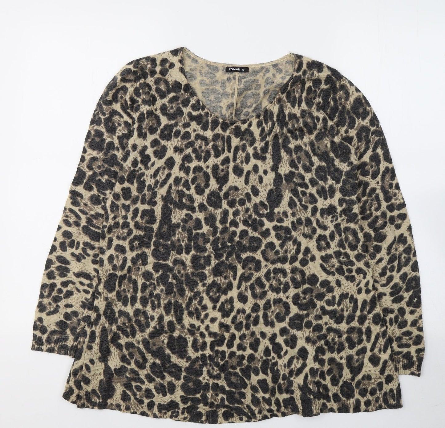 Roman Womens Beige Animal Print Polyamide Basic Blouse Size 10 Round Neck