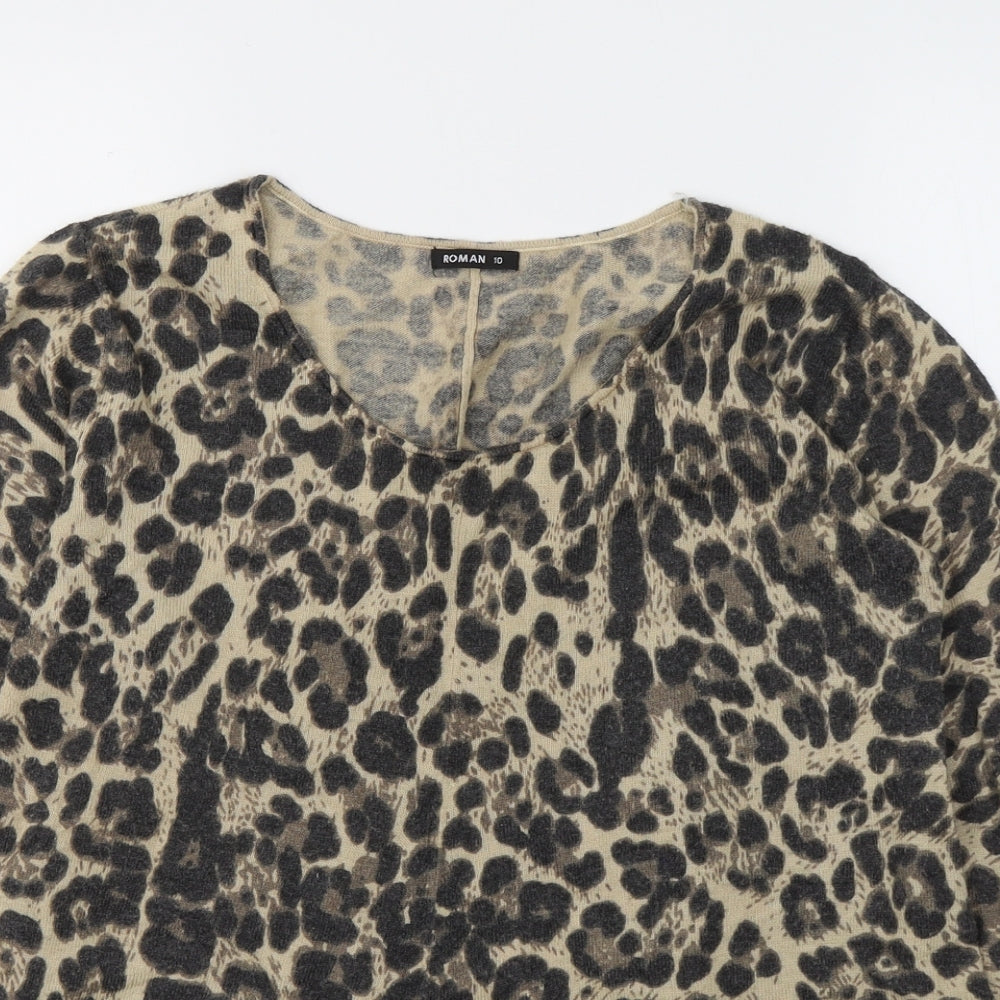 Roman Womens Beige Animal Print Polyamide Basic Blouse Size 10 Round Neck