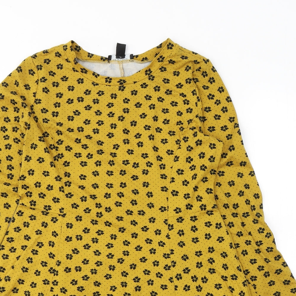 Primark Womens Yellow Floral Polyester Fit & Flare  Size 10  Round Neck Pullover