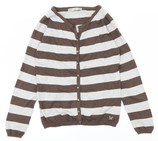 Crew Clothing Womens Brown Scoop Neck Striped 100% Cotton Cardigan Jumper Size 12