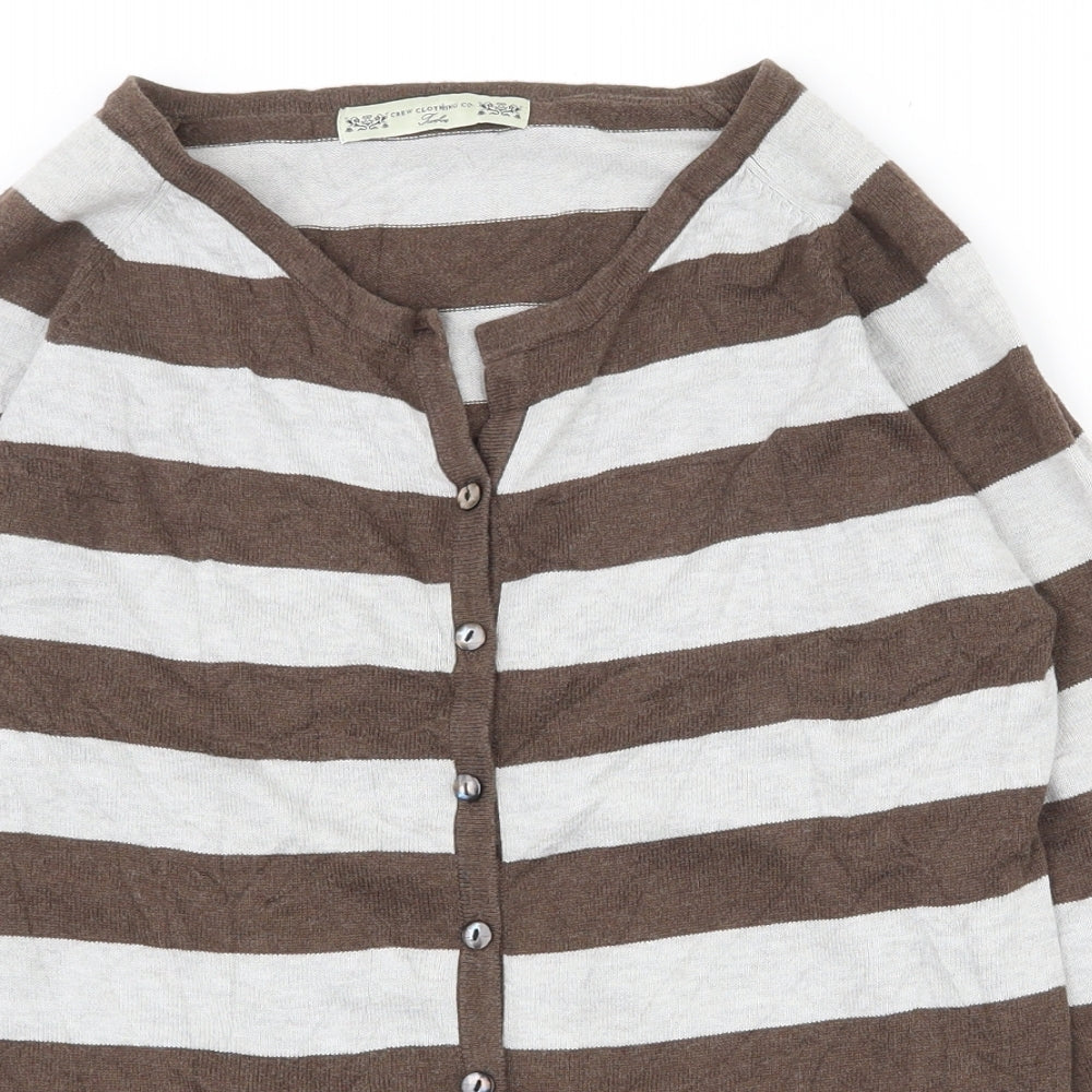 Crew Clothing Womens Brown Scoop Neck Striped 100% Cotton Cardigan Jumper Size 12