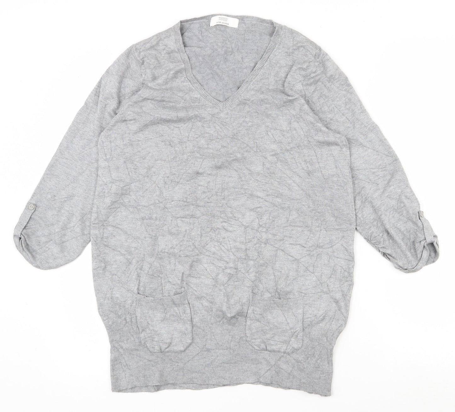 Marks and Spencer Womens Grey V-Neck  Viscose Pullover Jumper Size 14