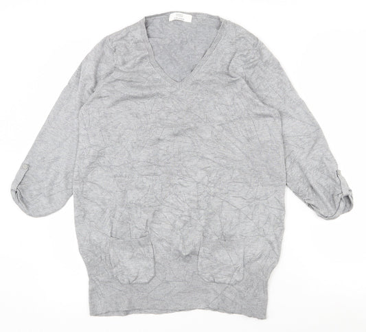 Marks and Spencer Womens Grey V-Neck  Viscose Pullover Jumper Size 14