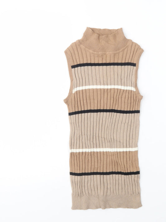 Select Womens Beige High Neck Striped Cotton Pullover Jumper Size 6