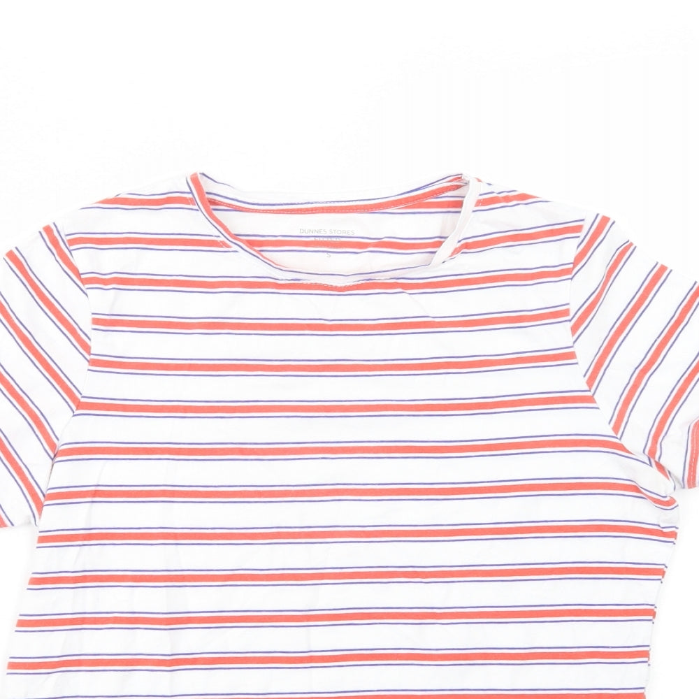 Dunnes Stores Womens White Striped Cotton Basic T-Shirt Size S Crew Neck