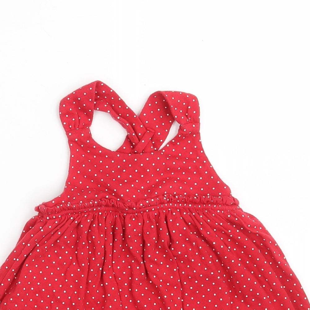 Gap Girls Red Polka Dot Cotton Pinafore/Dungaree Dress  Size 9-12 Months  Round Neck