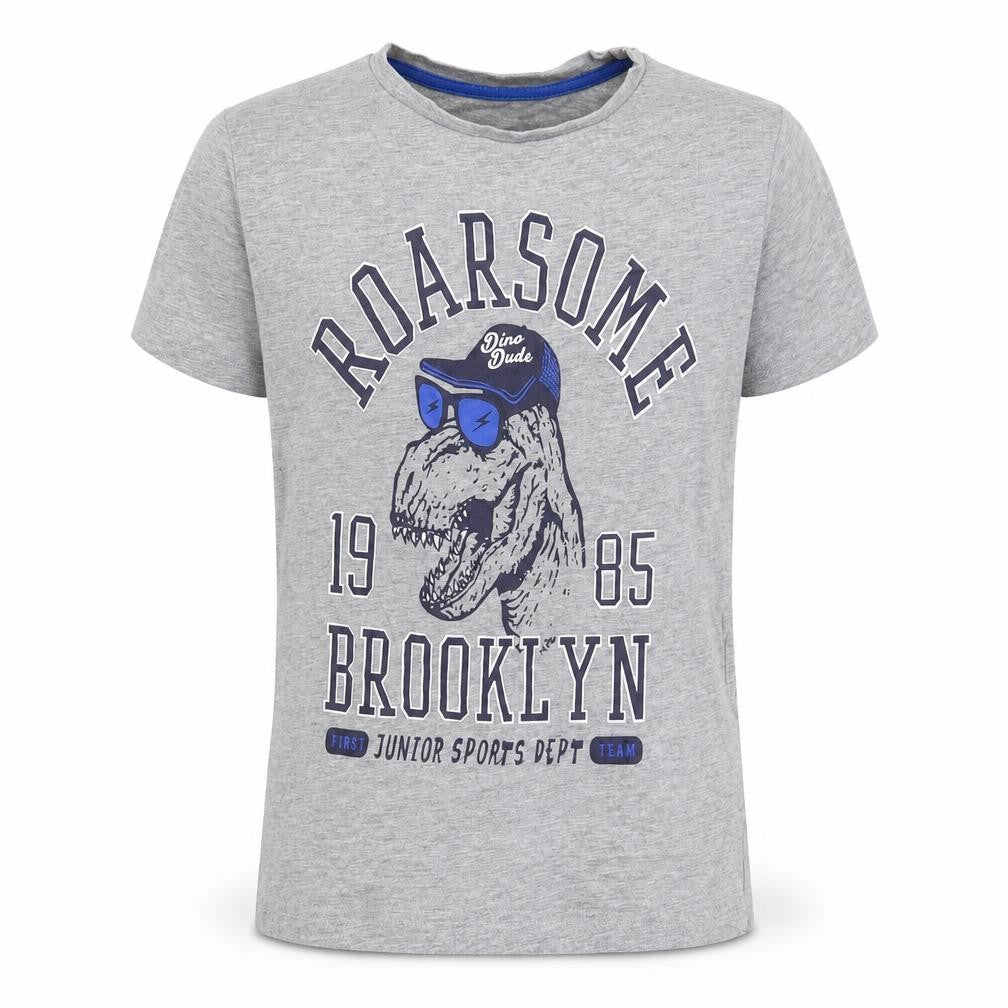 Dunnes Boys Grey  Cotton Basic T-Shirt Size 8 Years Round Neck Pullover - Roarsome, Dinosaur