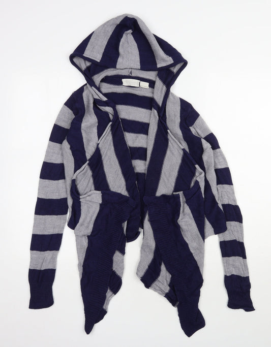 Allison Brittney Womens Blue V-Neck Striped Acrylic Cardigan Jumper Size M
