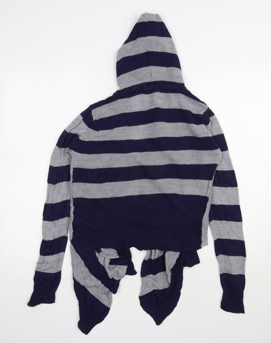 Allison Brittney Womens Blue V-Neck Striped Acrylic Cardigan Jumper Size M
