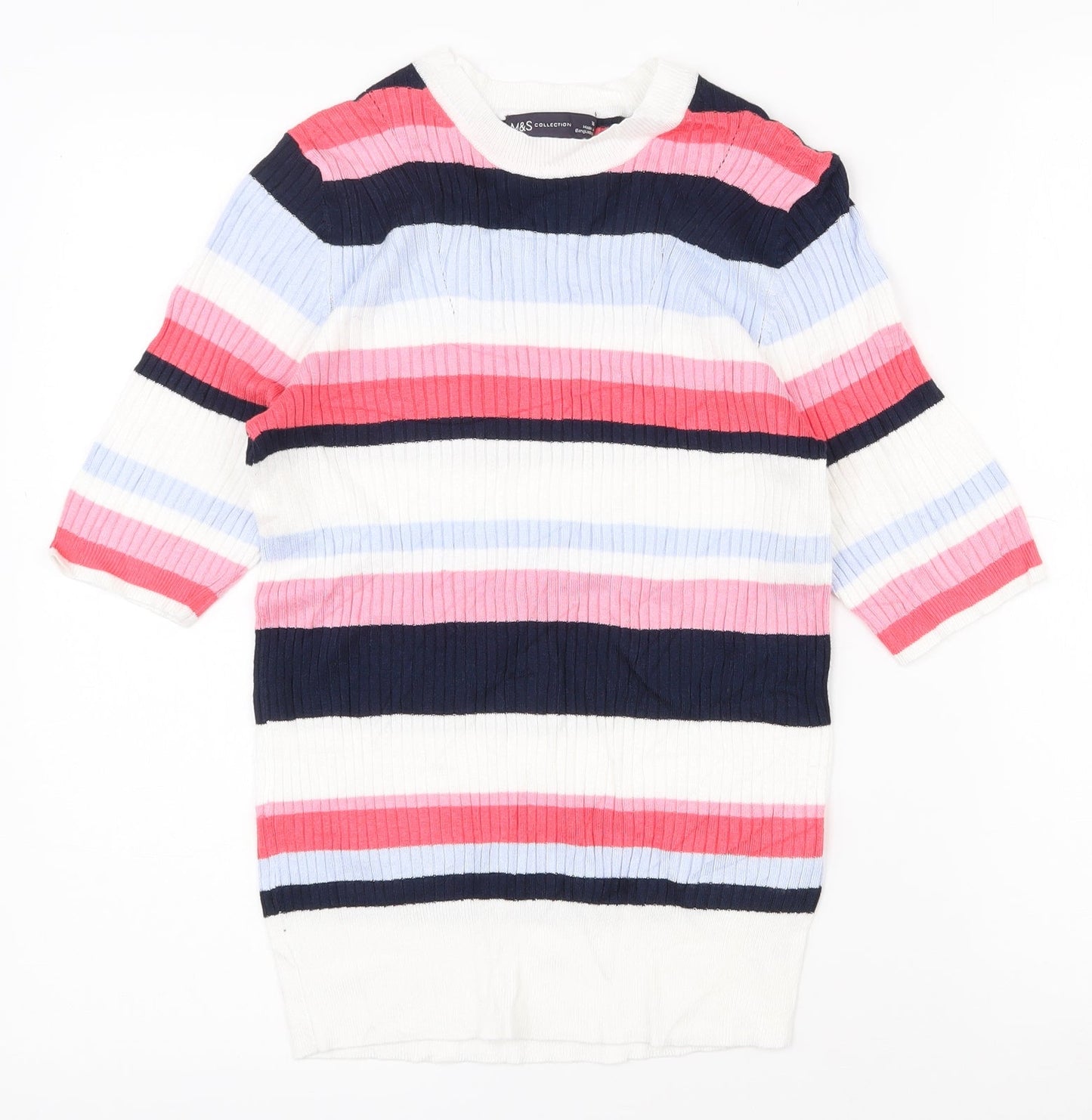 Marks and Spencer Womens Multicoloured Striped Viscose Basic T-Shirt Size 10 Crew Neck