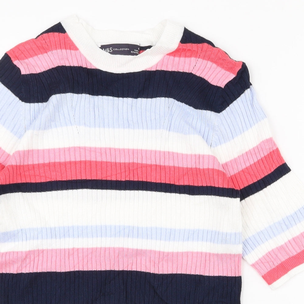 Marks and Spencer Womens Multicoloured Striped Viscose Basic T-Shirt Size 10 Crew Neck