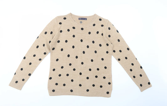 Marks and Spencer Womens Beige Crew Neck Polka Dot Acrylic Pullover Jumper Size 12