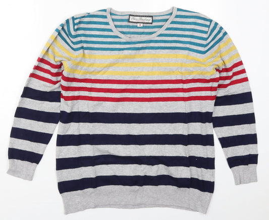 Paco Boutique Womens Grey Crew Neck Striped Viscose Pullover Jumper Size 14   - Red Yellow and Blue Stripes