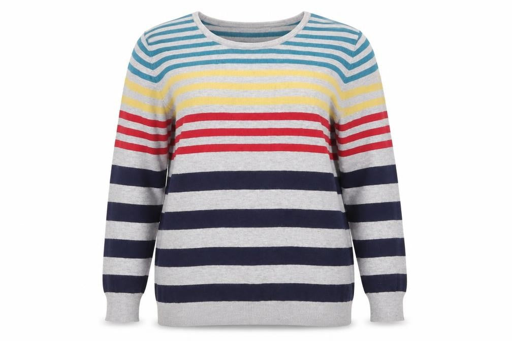 Paco Boutique Womens Grey Crew Neck Striped Viscose Pullover Jumper Size 14   - Red Yellow and Blue Stripes