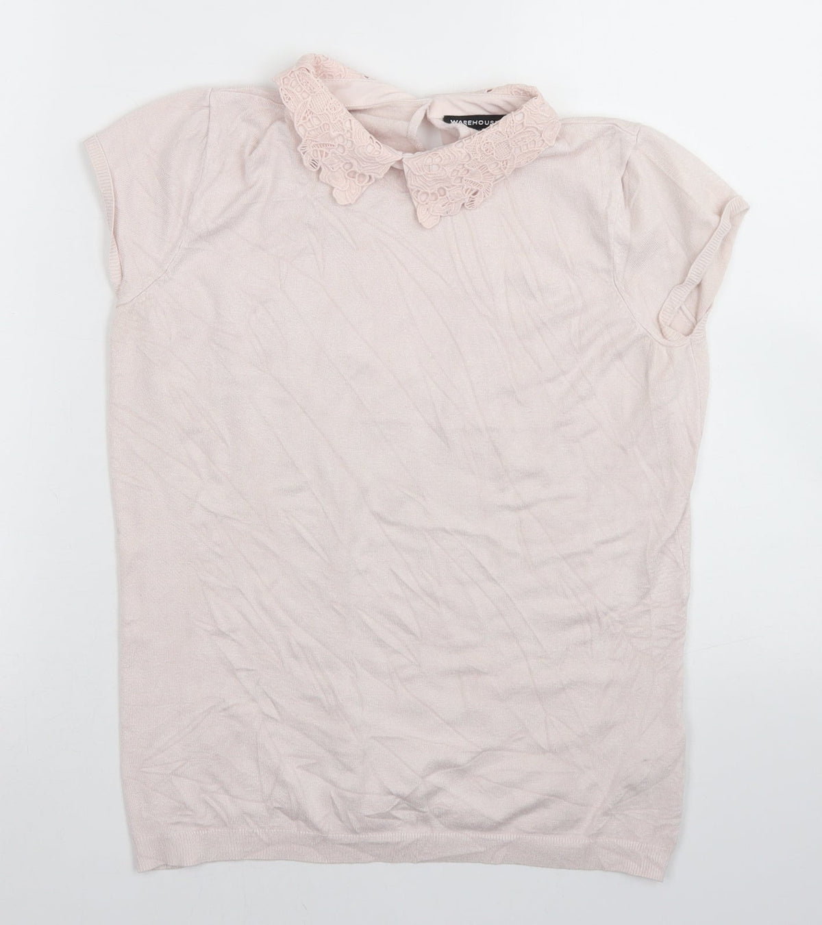 Warehouse Womens Pink  Viscose Basic T-Shirt Size 12 Collared - Lace trim Neckline