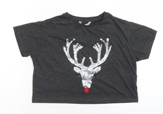 Miss e-vie Girls Grey  Polyester Cropped T-Shirt Size 7-8 Years Crew Neck  - Reindeer Christmas