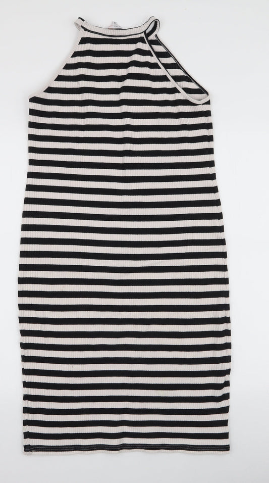 Blue Inc Womens Black Striped Cotton Bodycon  Size 12  High Neck Pullover