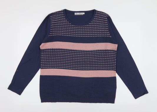 Pure & Natural Womens Blue Round Neck Striped Acrylic Pullover Jumper Size L