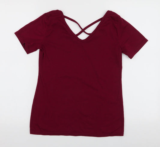 Preworn Womens Red  Polyester Jersey T-Shirt Size S V-Neck