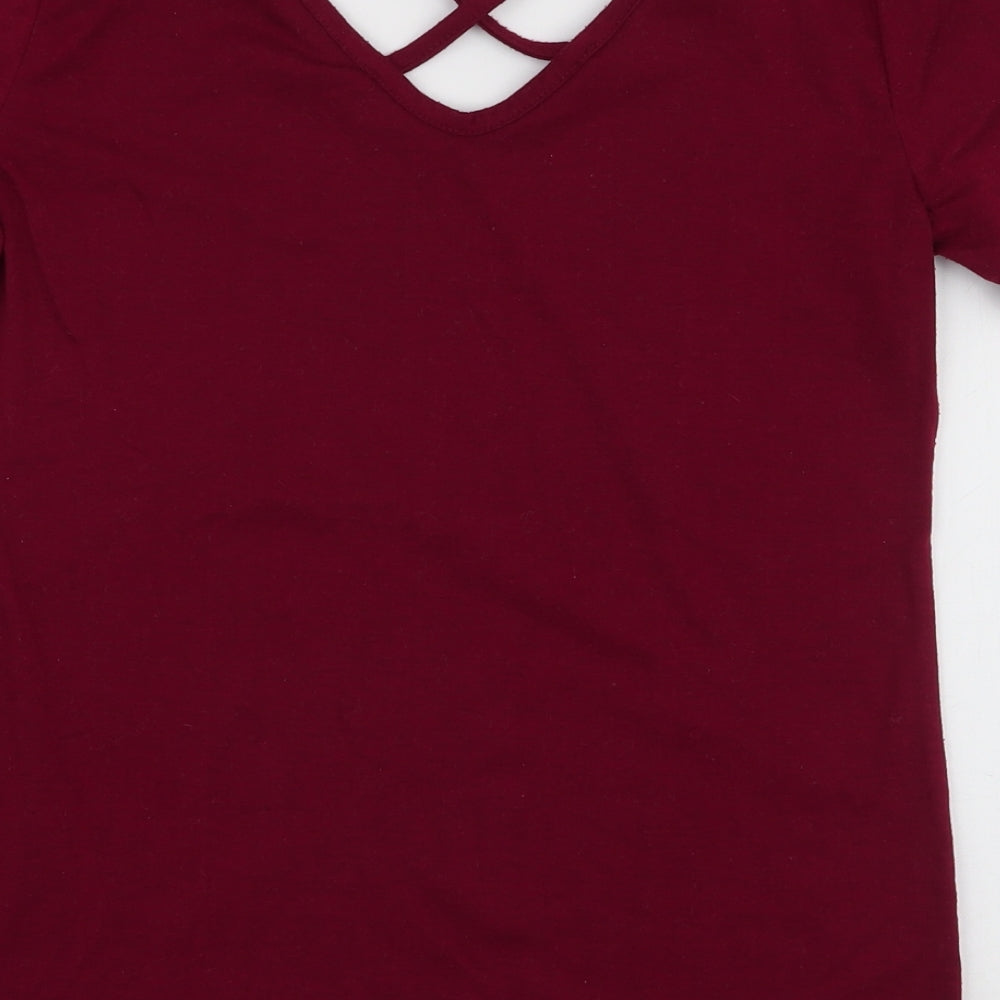 Preworn Womens Red  Polyester Jersey T-Shirt Size S V-Neck
