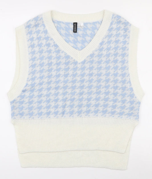 H&M Womens White V-Neck Houndstooth Acrylic Pullover Jumper Size XS