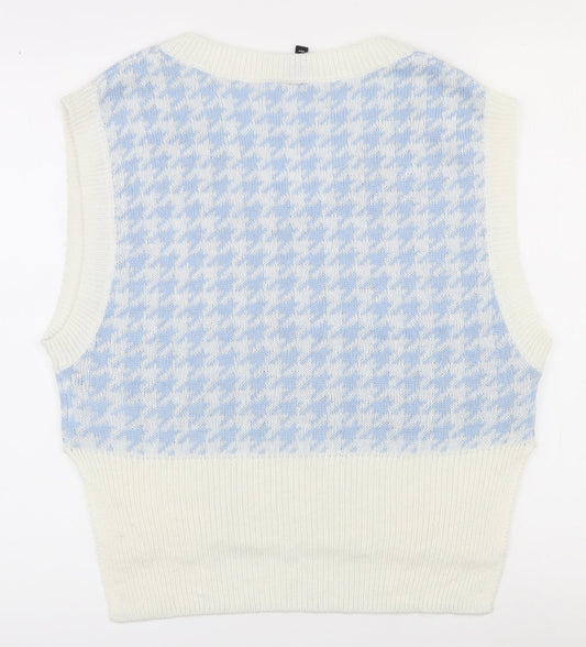 H&M Womens White V-Neck Houndstooth Acrylic Pullover Jumper Size XS