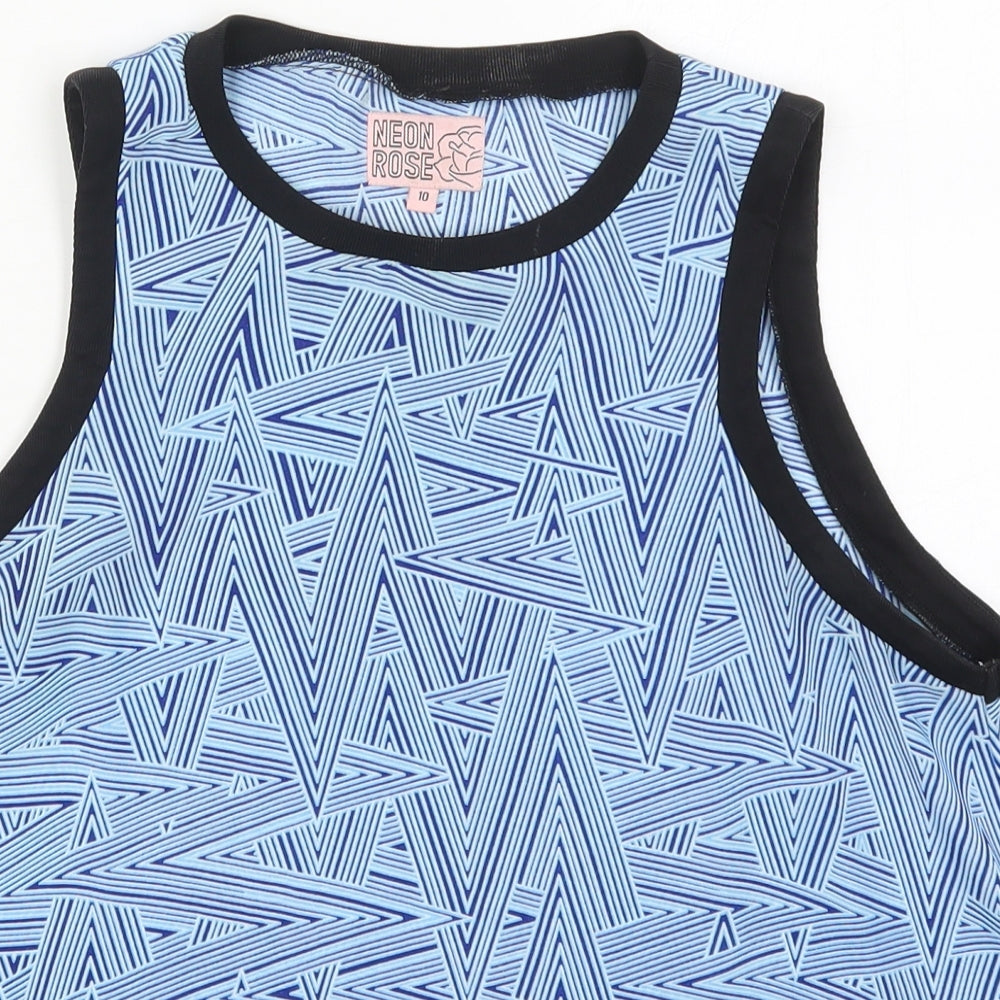 Neon Rose Womens Blue Geometric Polyester Basic Tank Size 10 Crew Neck