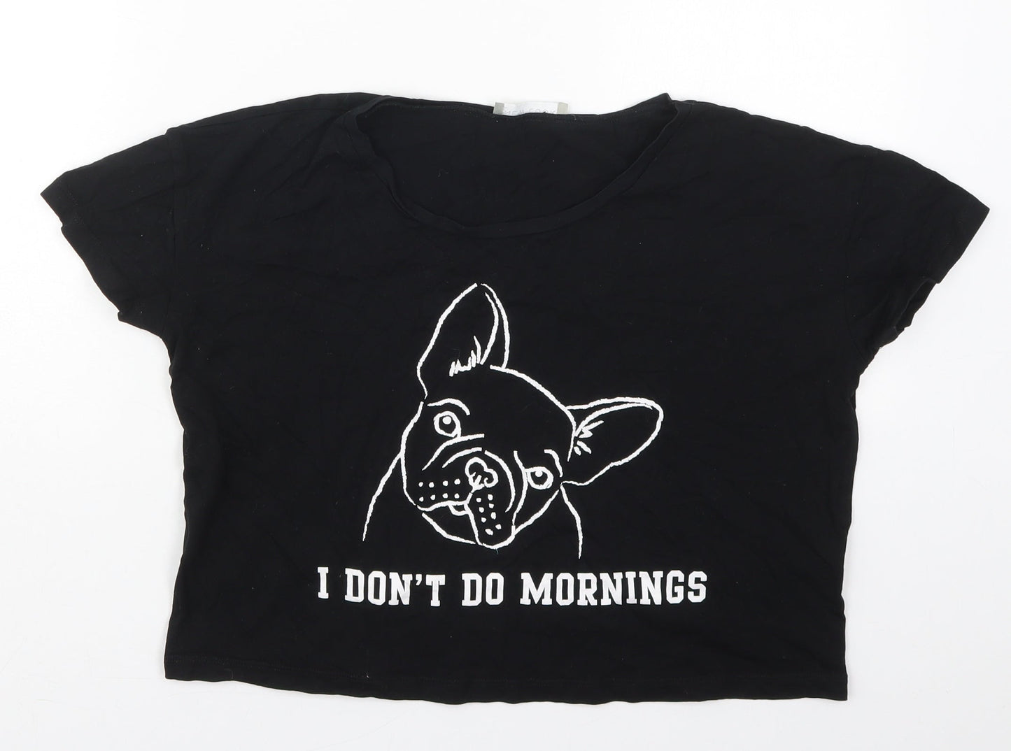 New Look Womens Black  Cotton Cropped T-Shirt Size S Crew Neck - I Don't Do Mornings
