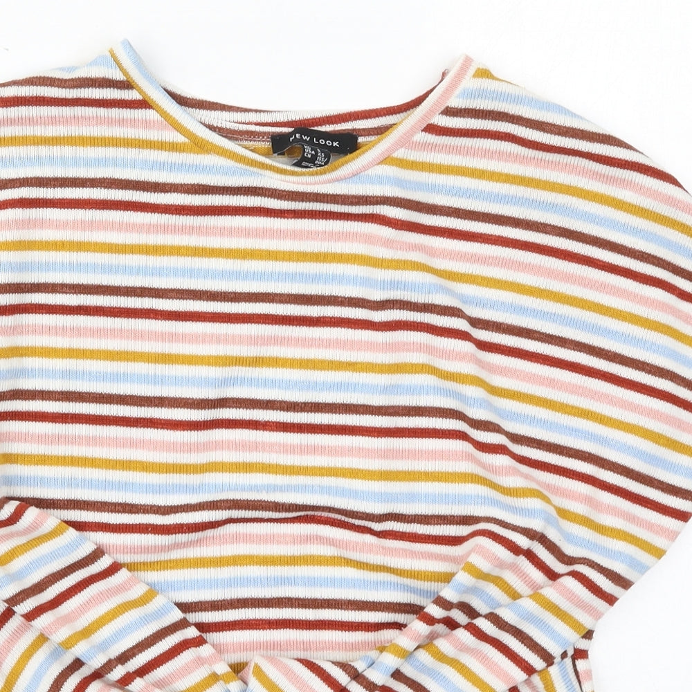 New Look Womens Pink Striped Polyester Basic T-Shirt Size S Crew Neck - Blue and Yellow