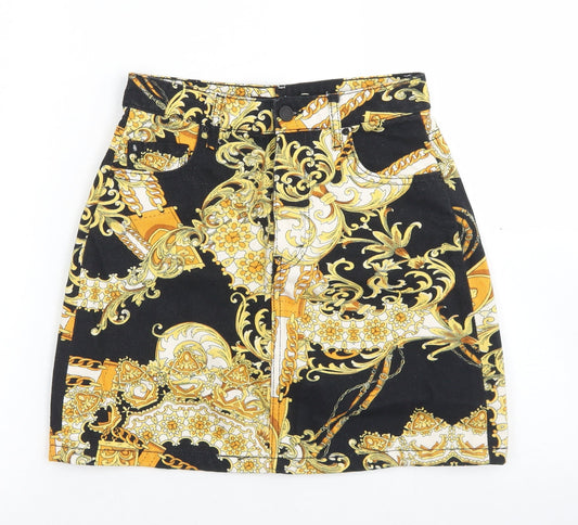 Stradivarius Womens Black Paisley Cotton A-Line Skirt Size 6   Button