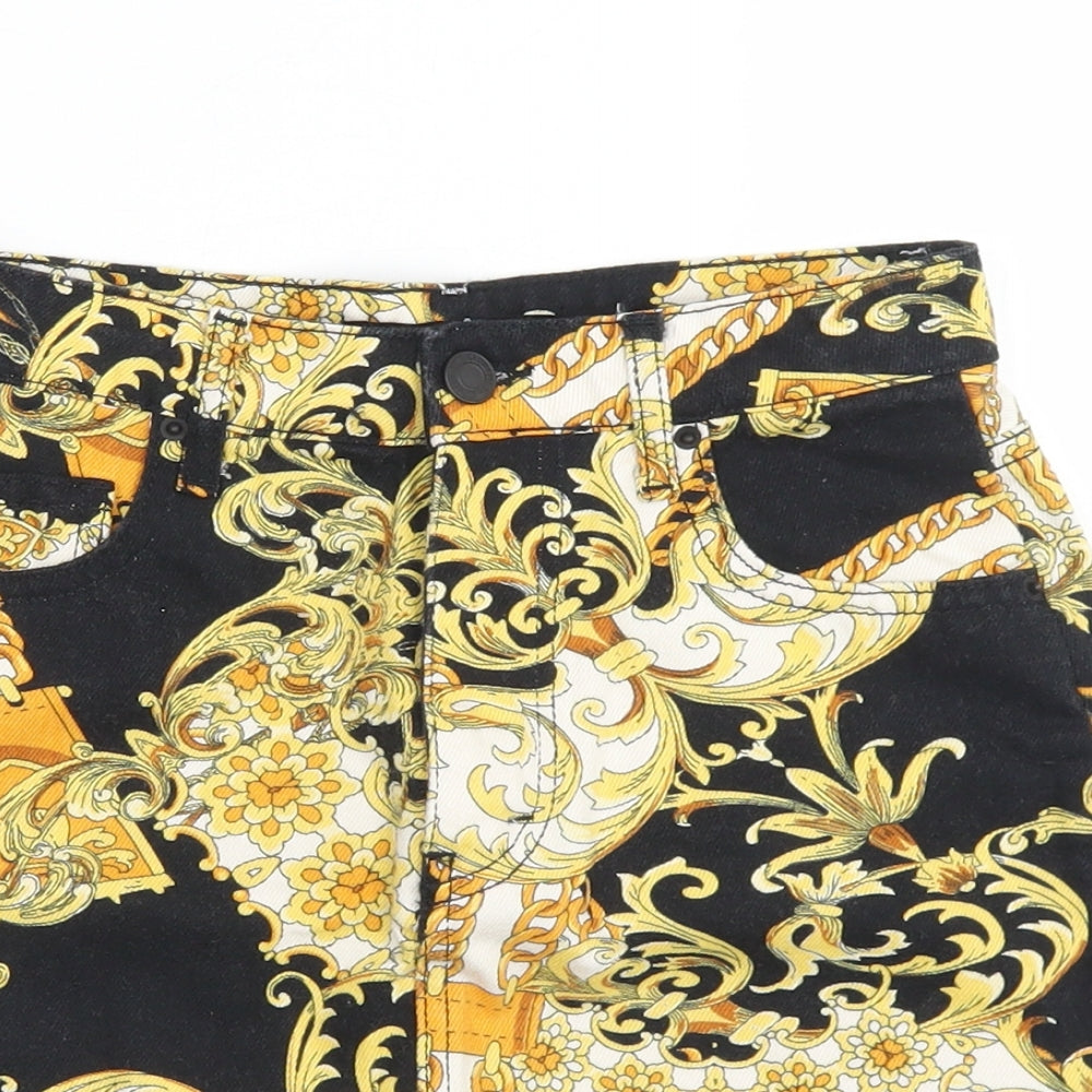 Stradivarius Womens Black Paisley Cotton A-Line Skirt Size 6   Button