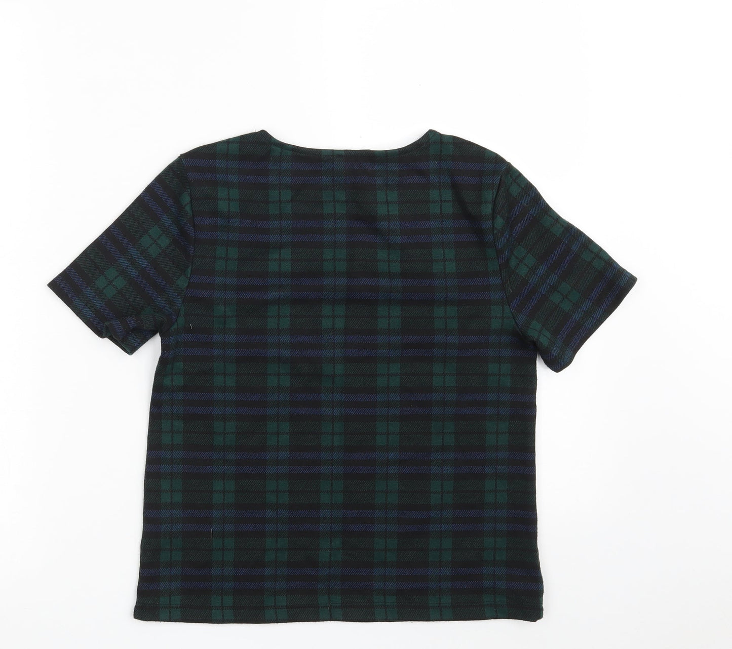 New Look Womens Green Plaid Polyester Cropped T-Shirt Size 10 Crew Neck