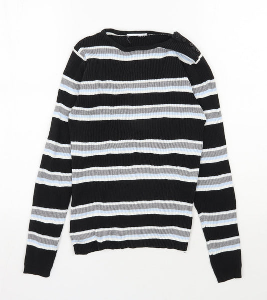 Preworn Womens Black Round Neck Striped Cotton Pullover Jumper Size 8