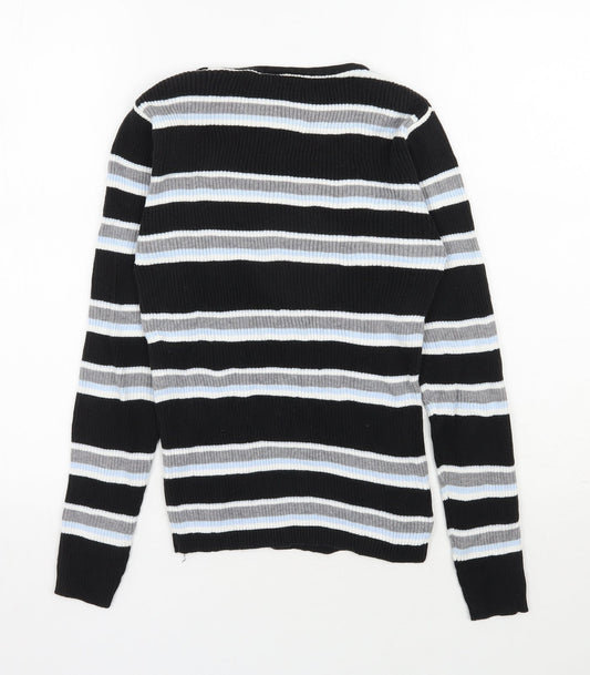 Preworn Womens Black Round Neck Striped Cotton Pullover Jumper Size 8