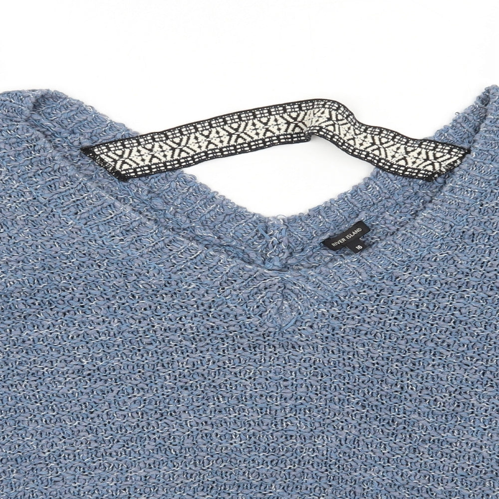 River Island Womens Blue V-Neck  Polyamide Pullover Jumper Size 16