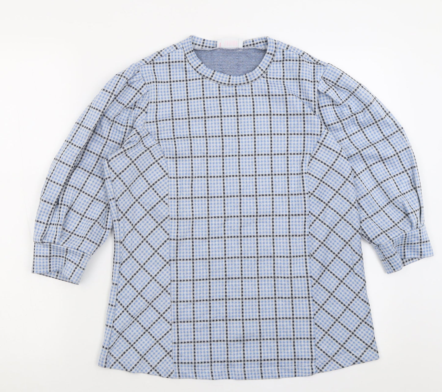 savida Womens Blue Plaid Polyacrylate Fibre Basic T-Shirt Size M Crew Neck