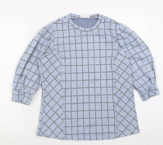 savida Womens Blue Plaid Polyacrylate Fibre Basic T-Shirt Size M Crew Neck
