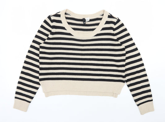 H&M Womens Beige Scoop Neck Striped Acrylic Pullover Jumper Size 10