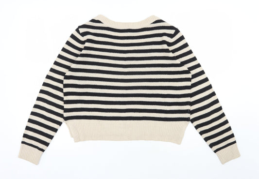 H&M Womens Beige Scoop Neck Striped Acrylic Pullover Jumper Size 10