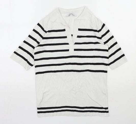 NEXT Womens White V-Neck Striped Nylon Pullover Jumper Size 6
