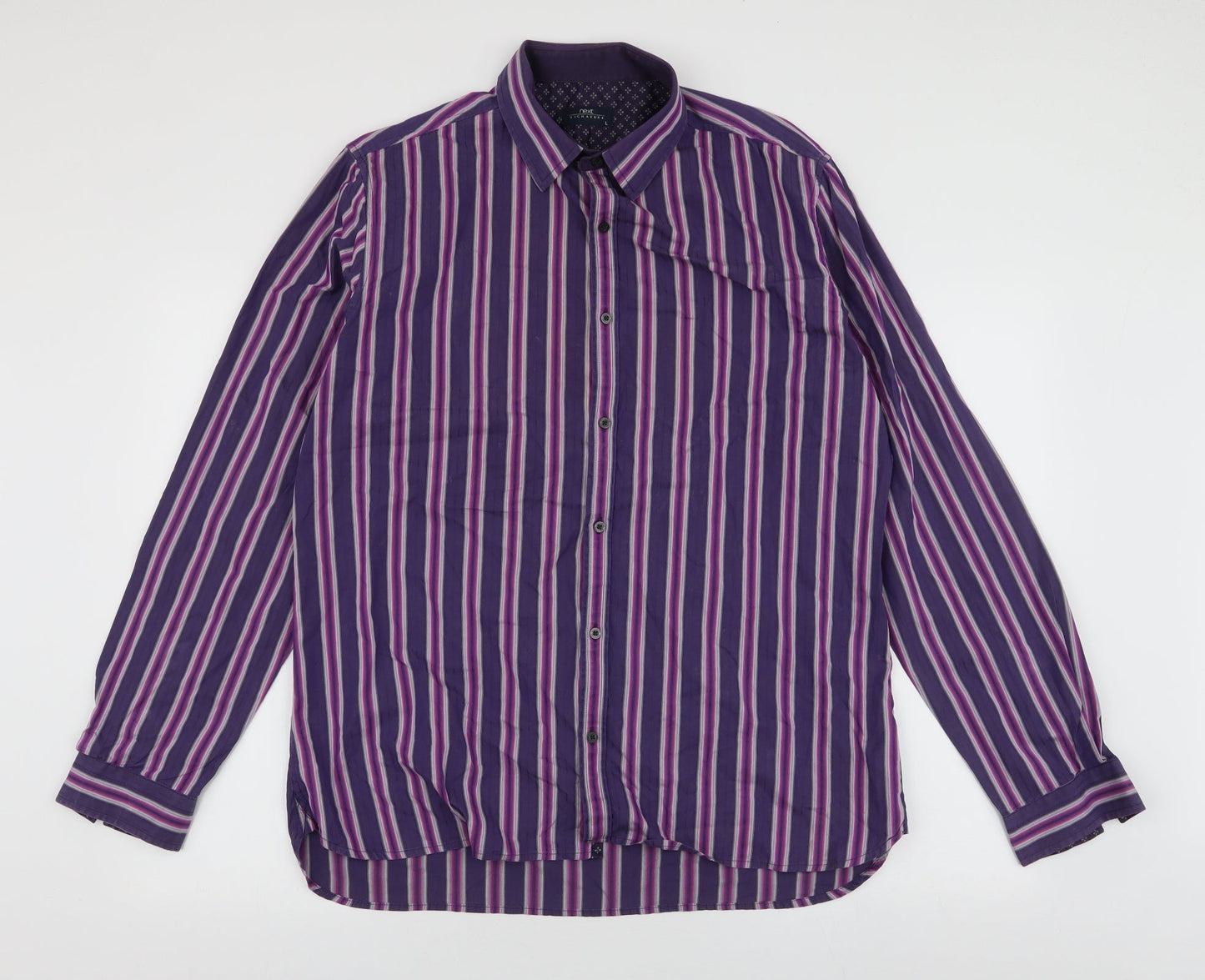 NEXT Mens Purple Striped Cotton  Button-Up Size L Collared Button