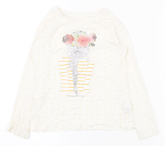 Dunnes Stores Girls White Spotted 100% Cotton Pullover T-Shirt Size 5 Years Round Neck Pullover