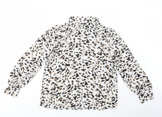 Dunnes Stores Womens White Animal Print Polyester Basic Button-Up Size 12 Collared