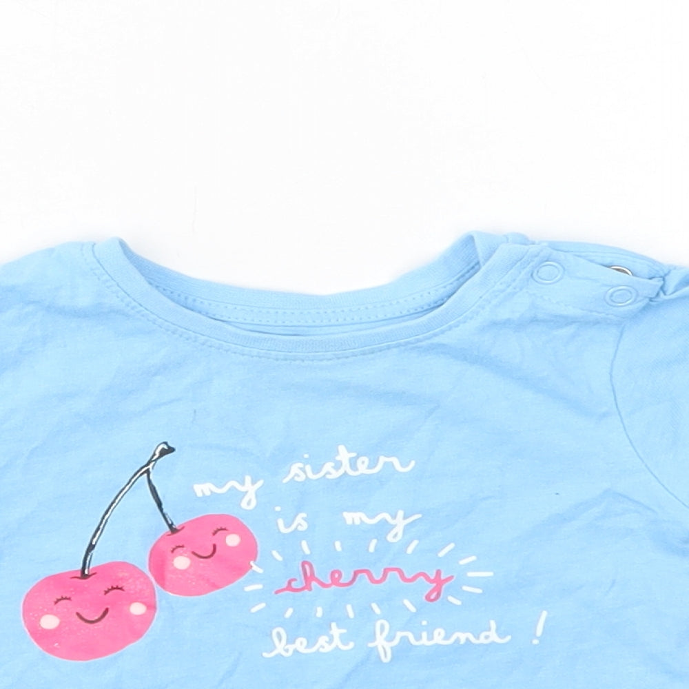 Primark Baby Blue  Cotton Basic T-Shirt Size 3-6 Months Crew Neck Snap - Cherry