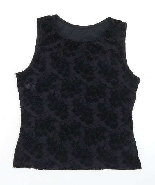 Marks and Spencer Womens Black Floral Cotton Cropped Tank Size 14 Round Neck