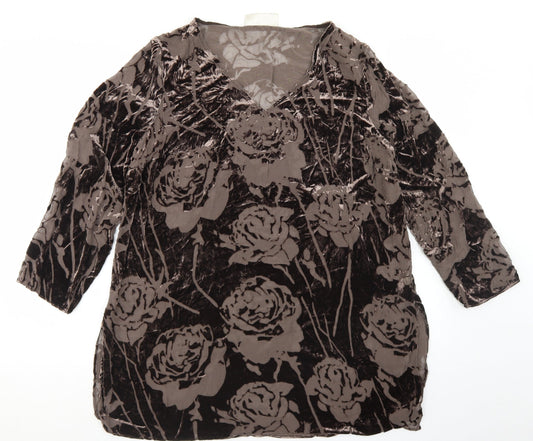 Ann Harvey Womens Brown Floral Viscose Basic Blouse Size 16 V-Neck