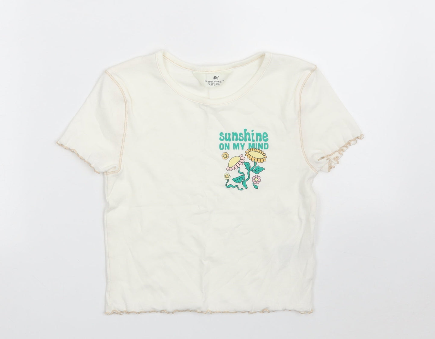 H&M Girls White  Cotton Cropped T-Shirt Size 10-11 Years Crew Neck  - Sunshine on my Mind